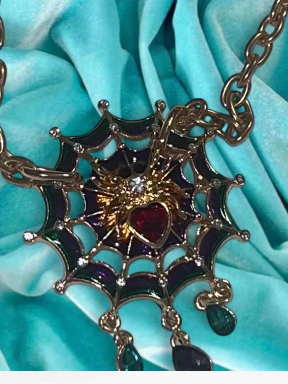 Gold Spiderweb Pendant Necklace with Red Heart Gem - Women Jewelry
